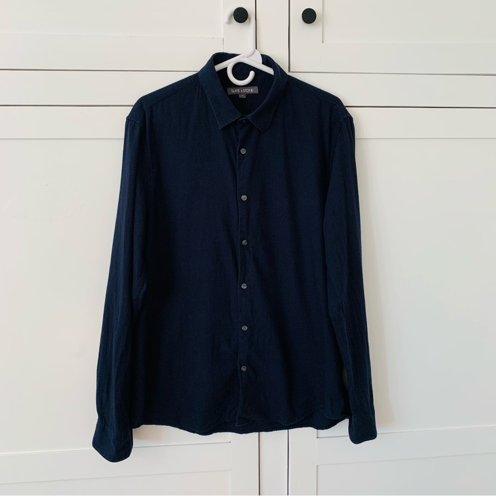 Men’s Slate & Stone Navy Blue Cotton Button Up Shirt Size Large